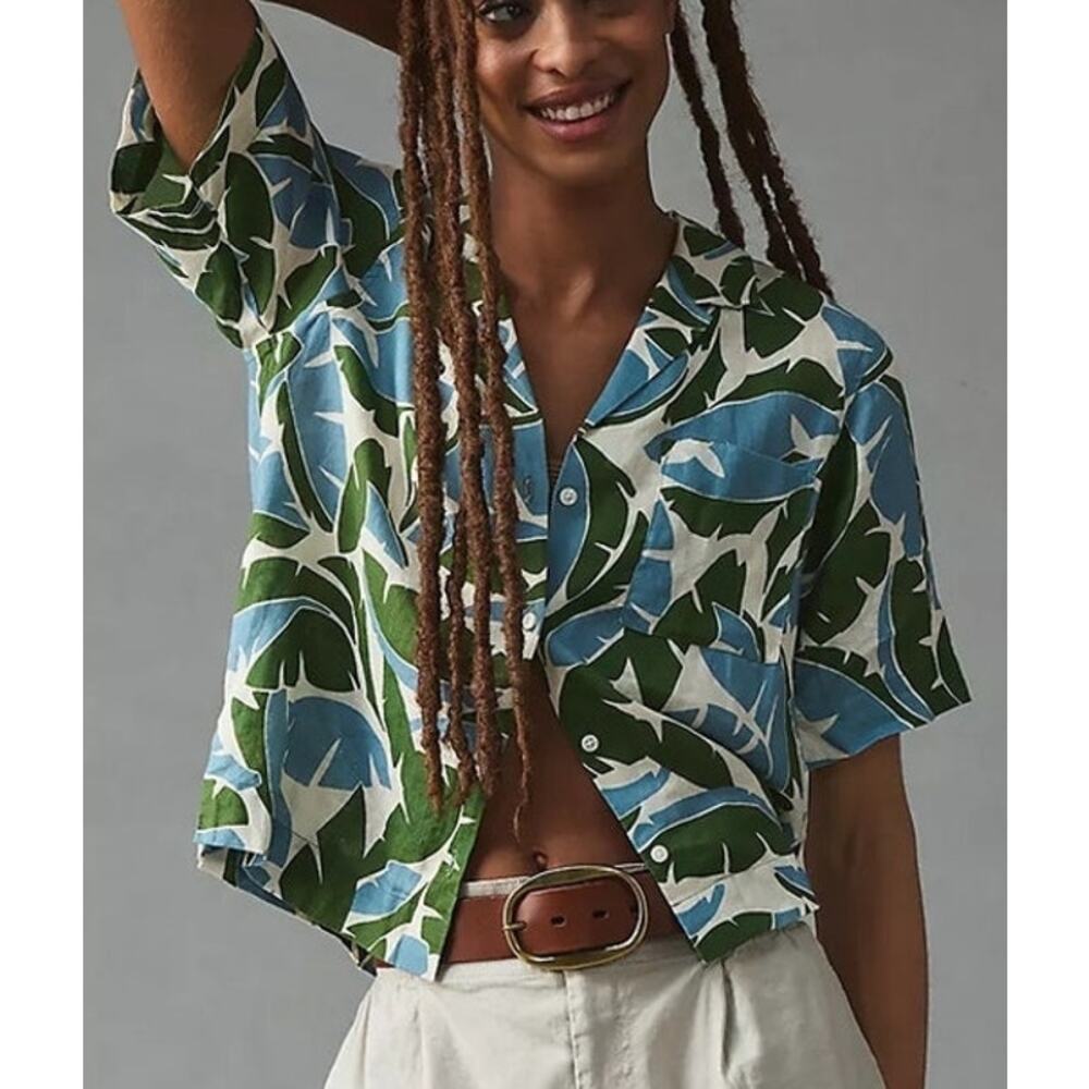 Trovata Bird of Paradis Cropped Button Down Size Small- Anthropologie 100% Linen